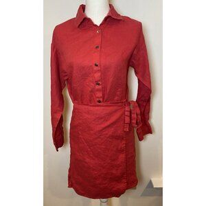 Xirena Wrap Dress Button Front Tie Waist 100% Linen Dark Coral Red Small S